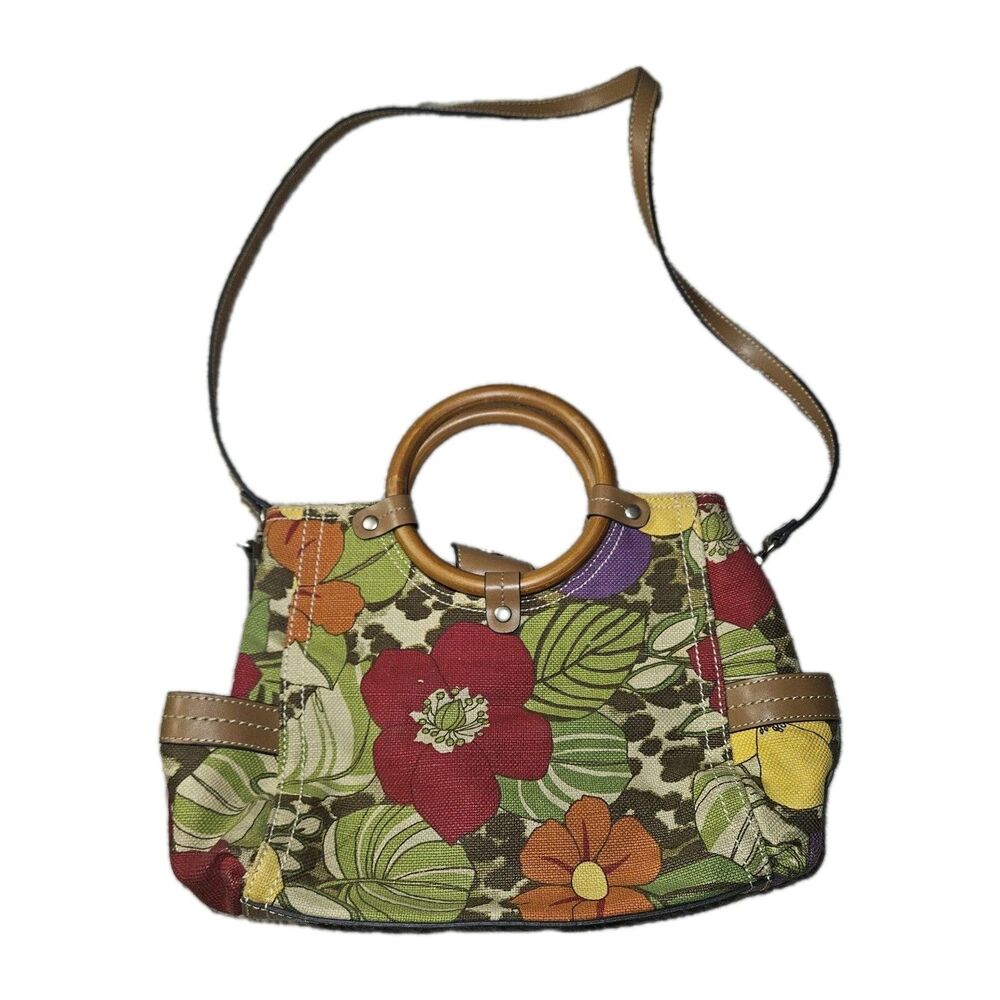 Y2K Relic Fossil Leopard Floral Bag Purse Wooden Handles Crossbody Denim Canvas
